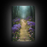 Lavender Lined Stairs Leading To The Haunted Forest, Fantasy Wall Art, framed canvas print, framed art