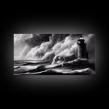 Lighthouse in a storm, black and white, tsunami waves, framed canvas print, ready to hang framed wall art