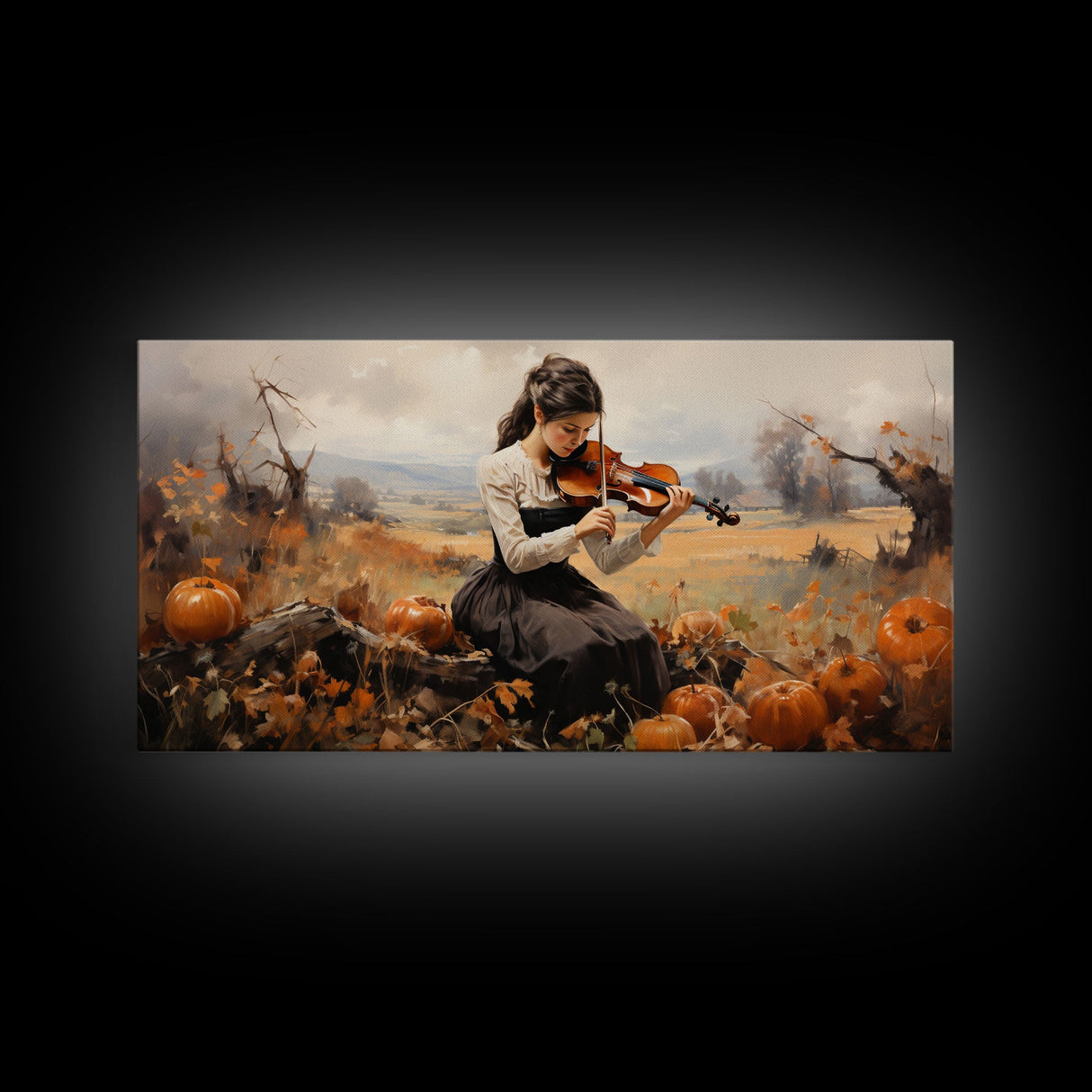 Girl Violinist, Fall Wall Decor, Pumpkin Decor, Canvas Print, Wall Hanging, Panoramic Art, Country Home Decor, Violin Wall Art, Gift For Her