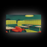 Retro Art, Lime green 1950s style art deco diner, framed canvas print, ready to hang framed wall art