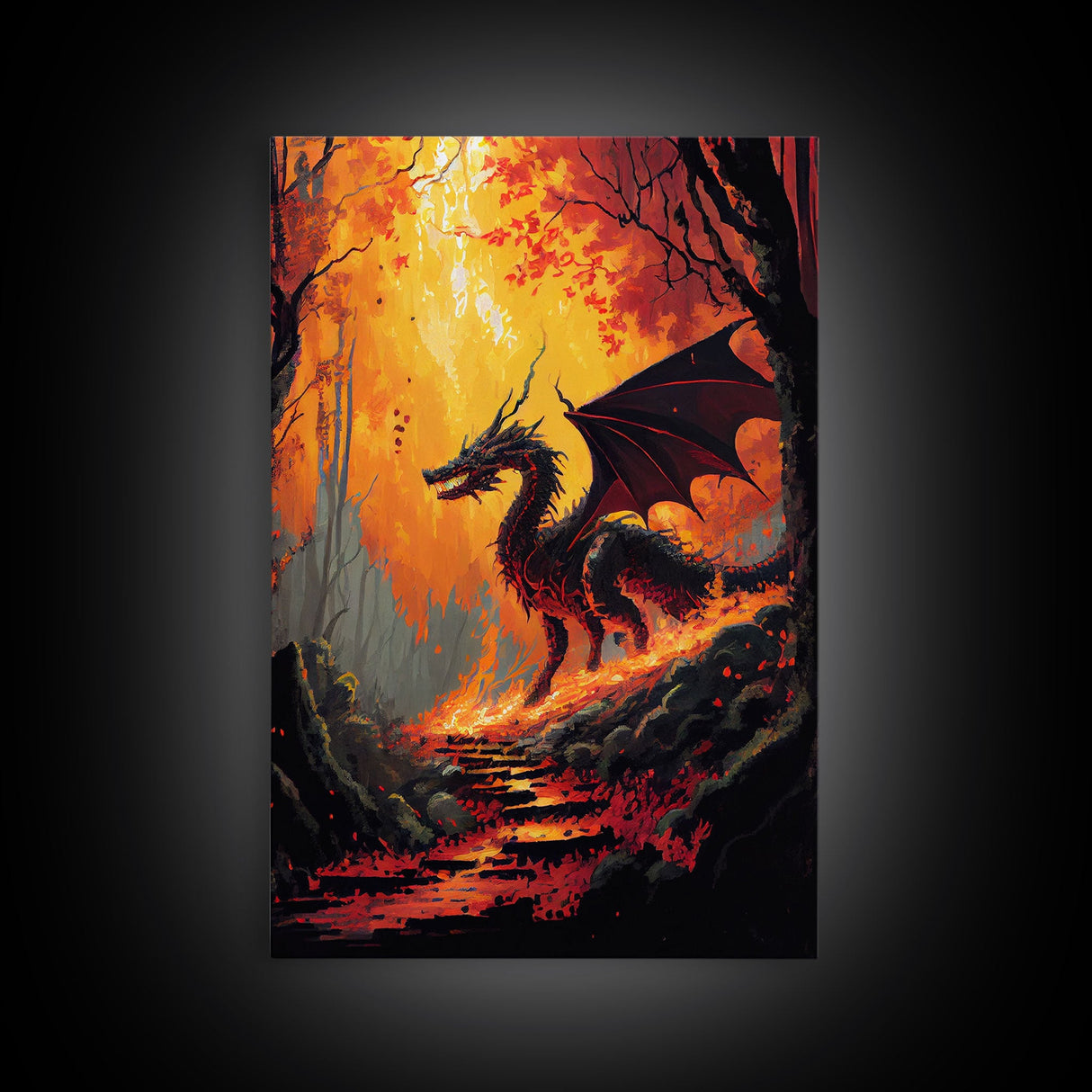 Fiery Dragon Burning Down Forest Canvas Print - Mystical Fantasy Wall Art Home Decor Artwork