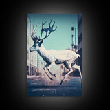 White stag in the city, post-apocalyptic urban decay art, framed canvas print