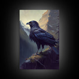 Portrait of a raven in the mountains, crow art, framed canvas print, framed wall art