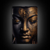 Golden eyed buddha statue framed canvas print, art for yoga studio, zen art