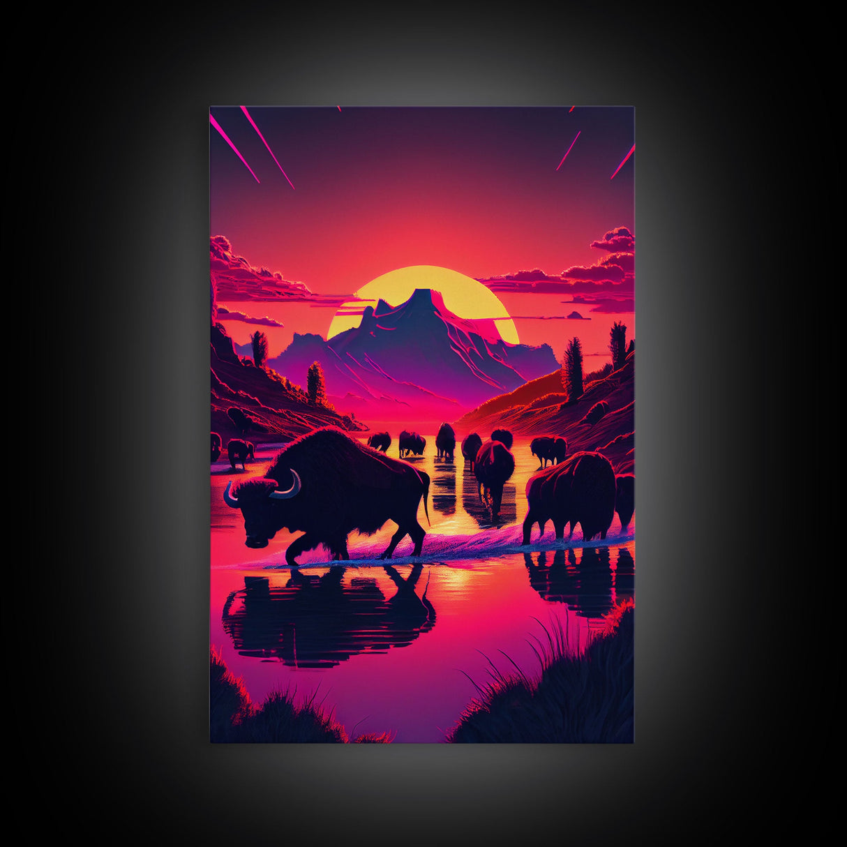 North American Buffalo at Sunset, Western Decor, framed canvas print, bison art, primitive farmhouse decor