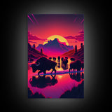 North American Buffalo at Sunset, Western Decor, framed canvas print, bison art, primitive farmhouse decor
