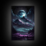 Mythical mountains fantasy art, framed canvas print, full moon over a mystical mountain landscape