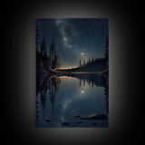 Landscape River Lake Water Night Sky Stars Trees Fine Art Print, Wall Decor, Wall Poster, Wall Art Print