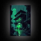 Cyberpunk Dystopian Emerald Green Town City Background Fine Art Print, Wall Decor, Wall Poster, Wall Art Print