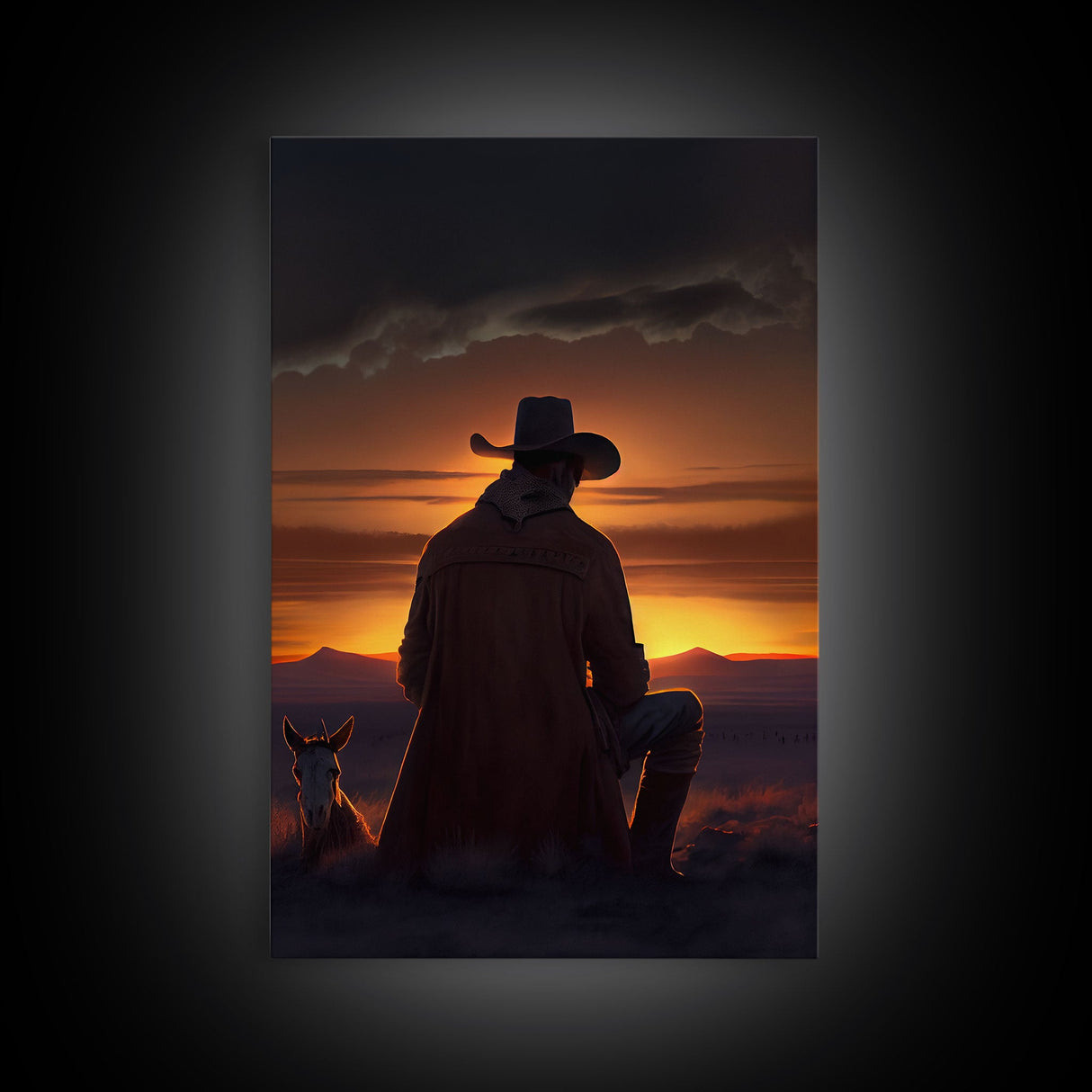 A cowboy and his horse at sunset, framed canvas art, canvas print, western decor, farmhouse art