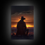 A cowboy and his horse at sunset, framed canvas art, canvas print, western decor, farmhouse art