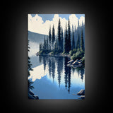 Washington State Pine Tree Forest and Lake Reflection, Framed Canvas print, watercolor painting print, unique living room wall art