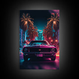 American Muscle Car on Sunset Strip, Retro Synthwave Art, Framed Canvas Print, Gift For Him, Muscle Car Art