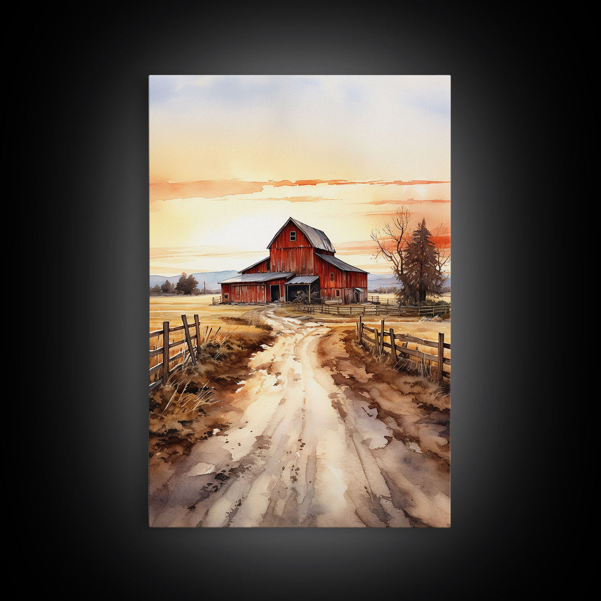 Sunset Over A Red Barn, Watercolor Painting Canvas Print, Country Poster Art,  Framed Canvas, Country Roads, Rustic Farmhouse Decor
