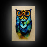 Wise Owl With Glasses Canvas Art - Owl Painting - Owl Wall Decor
