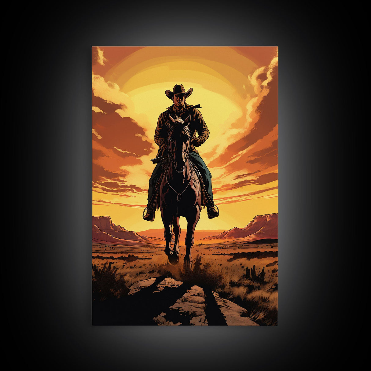 Cowboy Wall Decor, 12x18 Art Print, Equestrian Wall Art, Western Decor, Southwestern Art, Wild West Painting Wall Art, Framed Canvas Print