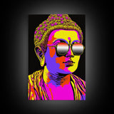 Heatwave Buddha Statue Wearing 80s Style Sunglasses, Framed Canvas Print, Psychedelic Meditation Buddhism Art, Art Deco Sunburst Buddha Art
