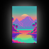 Retro Vaporwave Aesthetic Pixel Art Sunset, Turquoise and Pink Fantasy Landscape Art, Gamer Decor, Game Room Art