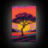 Weeping Willow At Sunset, Retro Style MCM Art, Framed Canvas Print, Trendy Wall Prints, Landscape and Sunset Outrun Art