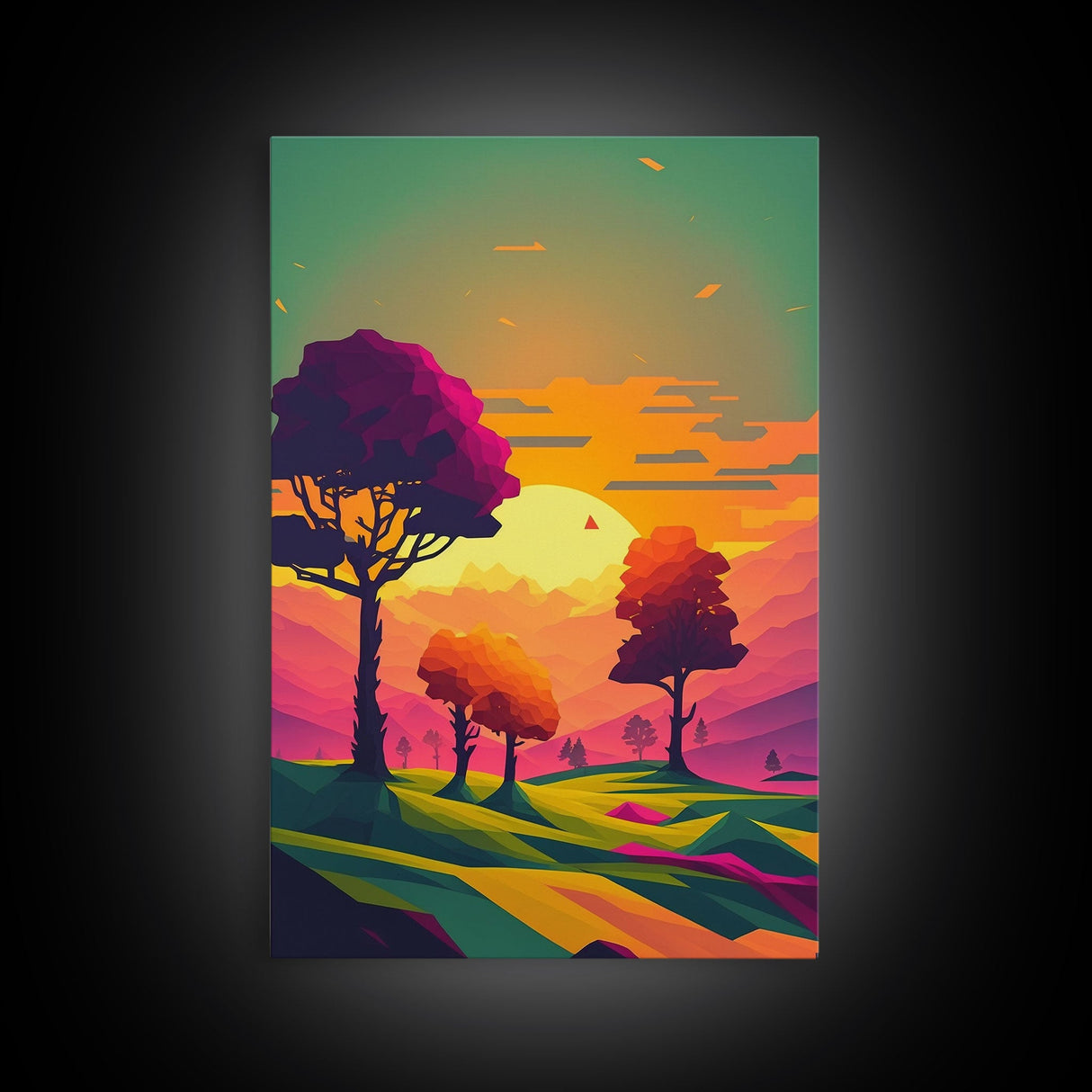 Retro Pop Art Landscape Art At Sunset, Framed Canvas Print, Outrun Style Trees and Sunset, Living Room Art