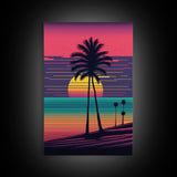 Synthwave Sunset, Retro Office Art, 80s Vibes, Framed Canvas Print, Framed Art, Trendy Wall Hanging