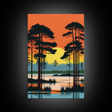 Vintage Style Art, Framed Canvas Prints, Lake and Pine Tree Forest Landscape, Florida Everglades at Sunset