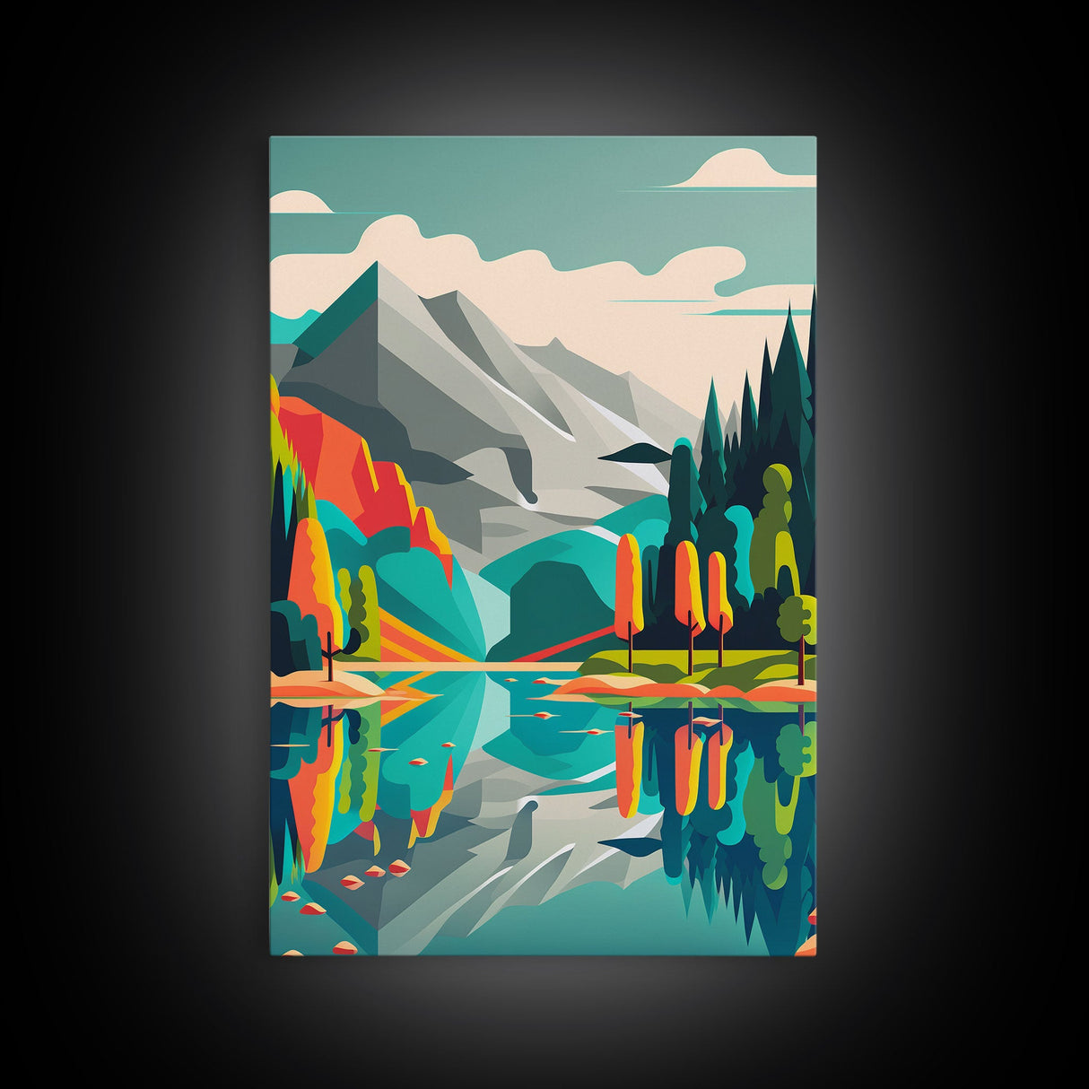 Retro Midcentury Style Wall Art, Framed Canvas Print, Colorful Wall Art, Mountain Landscape, Office Decor, Low Res Art