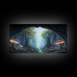 Magical Enchanted Mushroom Forest, Fantasy Art, Framed Canvas Print, Bioluminescent Butterflies in an Enchanted Forest, Glowing Art