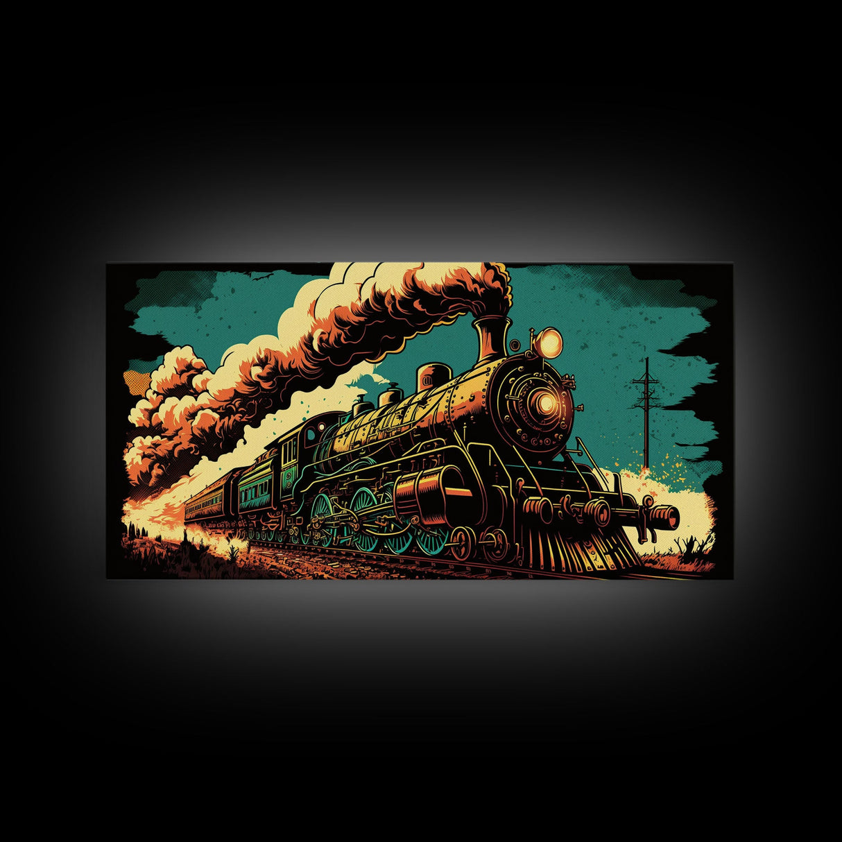 Pop Art Steam Train, Framed Canvas Print, Cool Wild West Decor, Western Art, Framed Colorful Pop Art