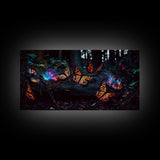 Glowing butterflies, fantasy forest wall art, framed canvas print, mother's day, mom gift, monarch butterflies