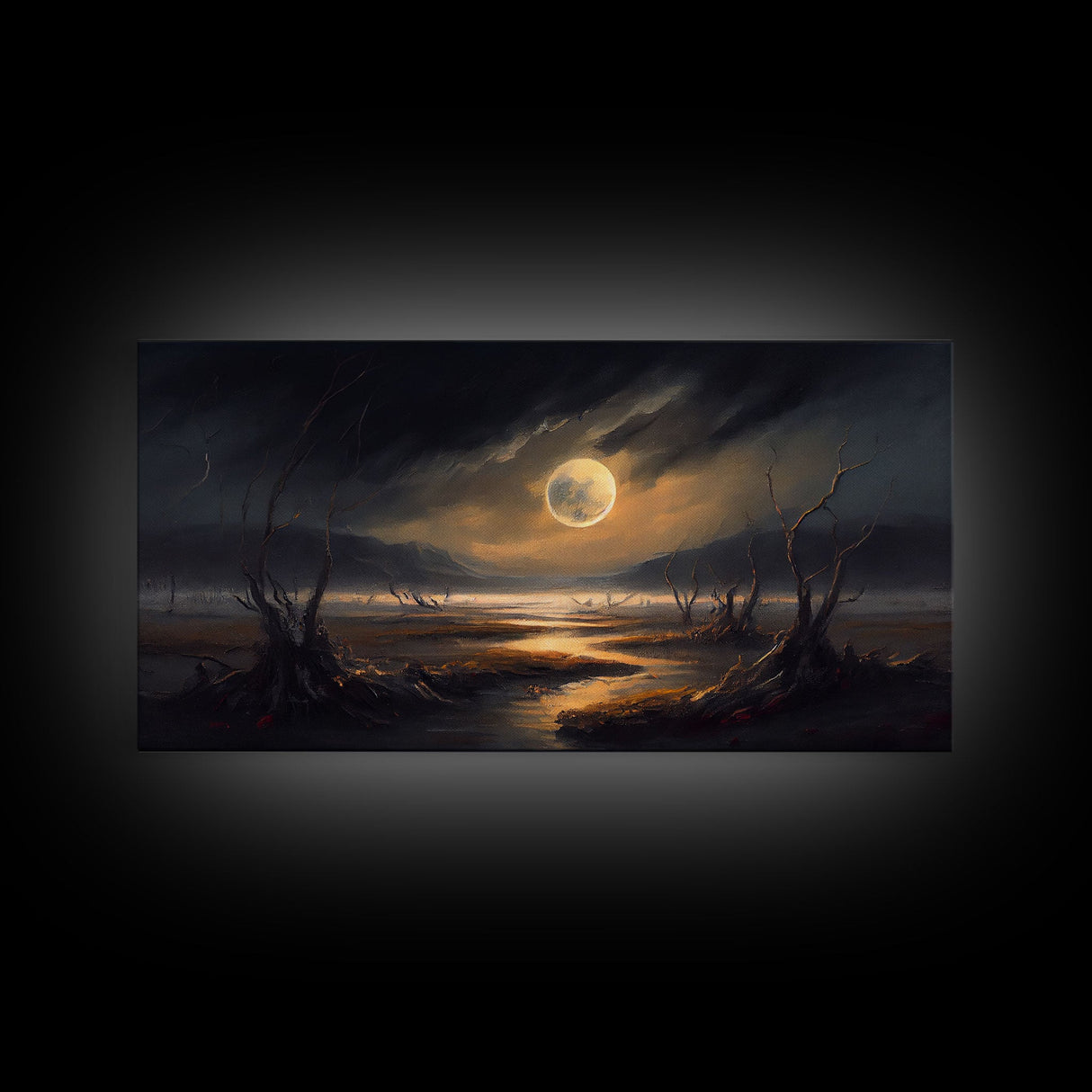 Midnight In The Swamp, Framed Canvas Print, Fantasy Art Canvas, Wall Art, Game Room Art, Full moon