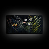 Meadow Flowers, Black Background, Framed Canvas Print, Floral Study Watercolor Painting