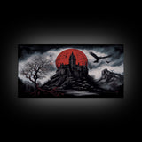 Horror Art, Haunted Castle and Blood Moon, Framed Canvas Print, Goth Art, Gothic Decor, Cool Wall Art