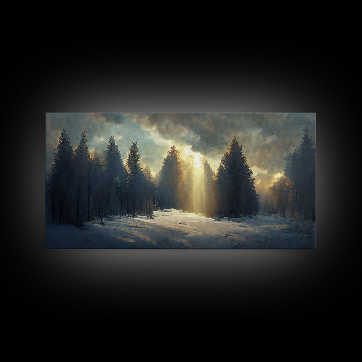Snowy Forest Canvas Print, Scenic nature landscape, winter art, sunlight shining through the trees, Framed Wall Art