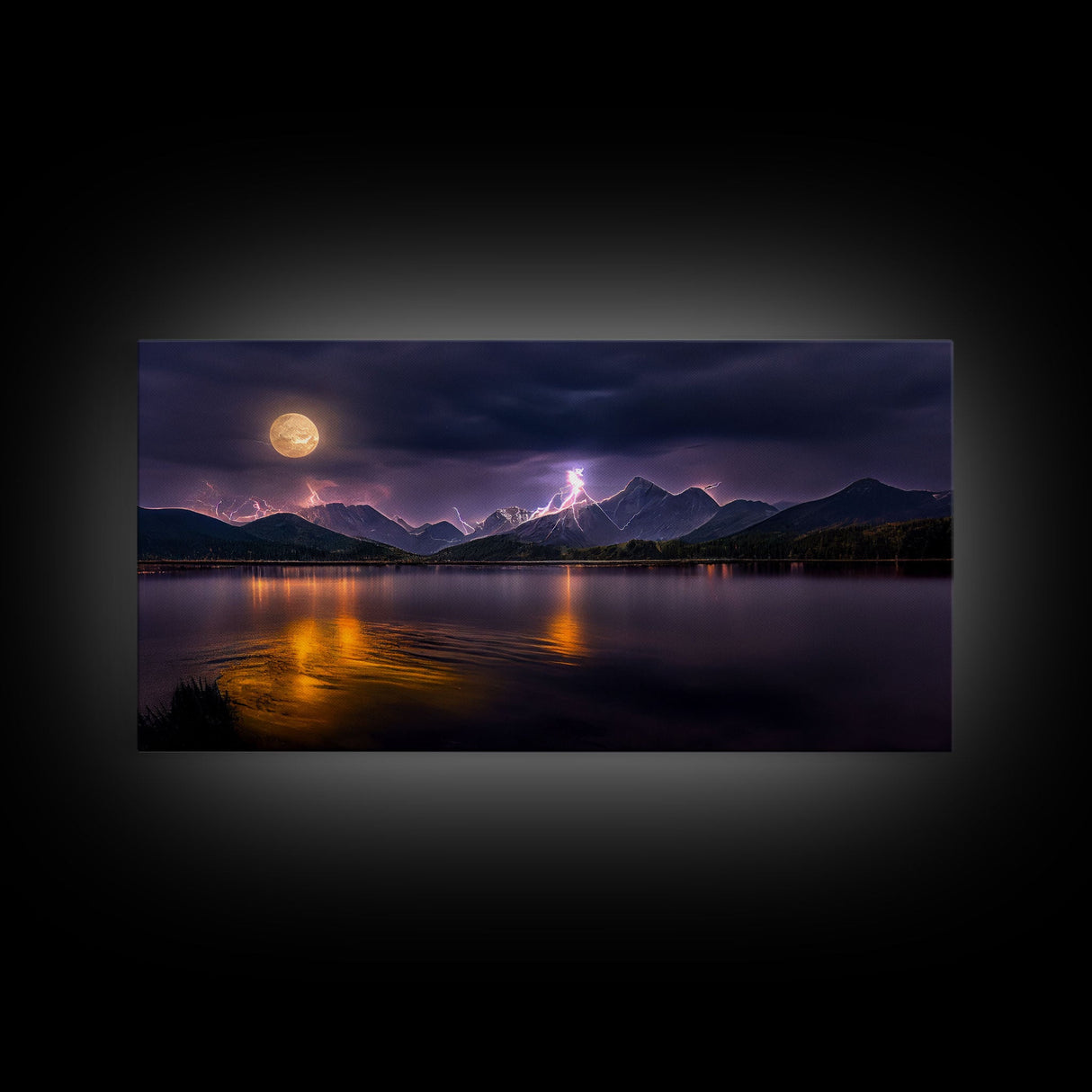 Full moon canvas print, Lightning storm over a mountain lake at night, cool wall art, awesome wall art