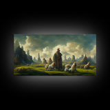 Shepherd and his flock, sheep painting, farmhouse art, watercolor canvas print, Giclee print