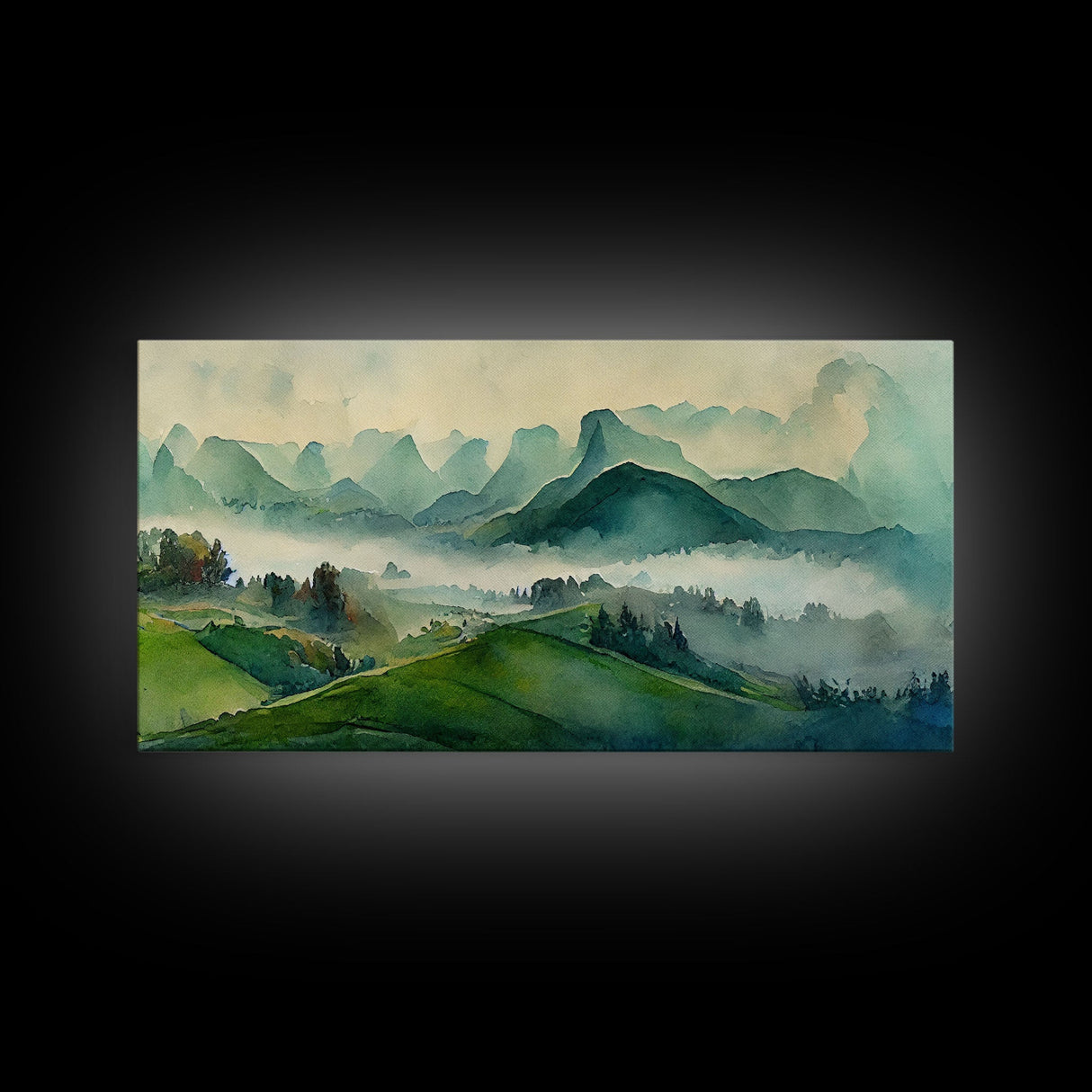 Green Blue Foggy Mountain Valley Watercolor Canvas Art Print, Panoramic Misty Rolling Hills Landscape, Extra Large Panorama Print