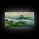 Green Blue Foggy Mountain Valley Watercolor Canvas Art Print, Panoramic Misty Rolling Hills Landscape, Extra Large Panorama Print