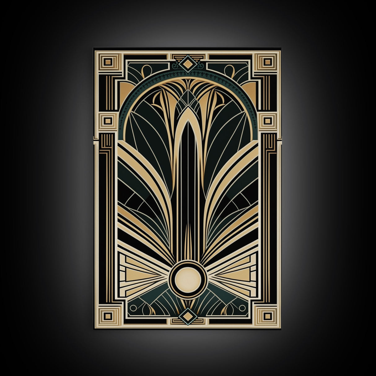 Art Deco Wall art, Framed Canvas Print, Art Deco, Gold & green art, Geometric art, Midcentury Modern, Stained glass art, Office decor