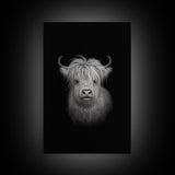 Highland Cow Art Print, Black And White, Animal Wall Decor, Minimalist Art, Wall Decor, Canvas Art, Wall Art, Framed Canvas Wall Decor