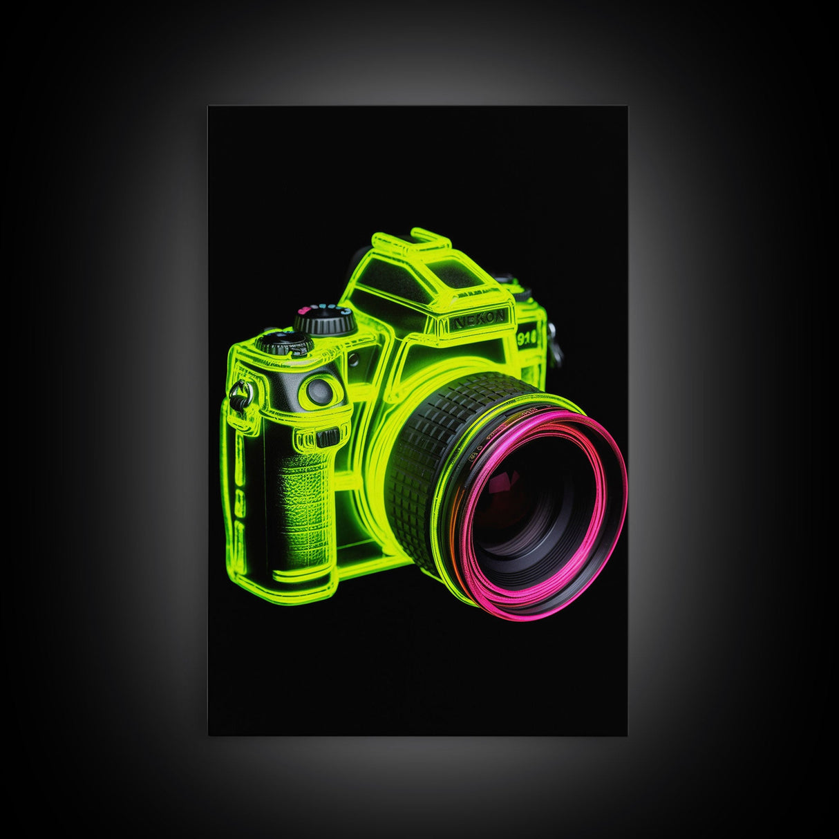 Neon Green Camera Wall Art, Neon Wall Decor, Photography Art,  Minimalist Print, Wall Decor, Canvas Print, Wall Art, Framed Canvas