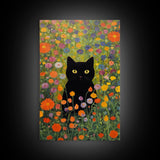 Gustav Klimt Inspired Garden Cat, Funny Black Cat Art, Framed Canvas Print, Fine Art Poster, Cute Cat Art, Funny Gift, Funny Cat Prints