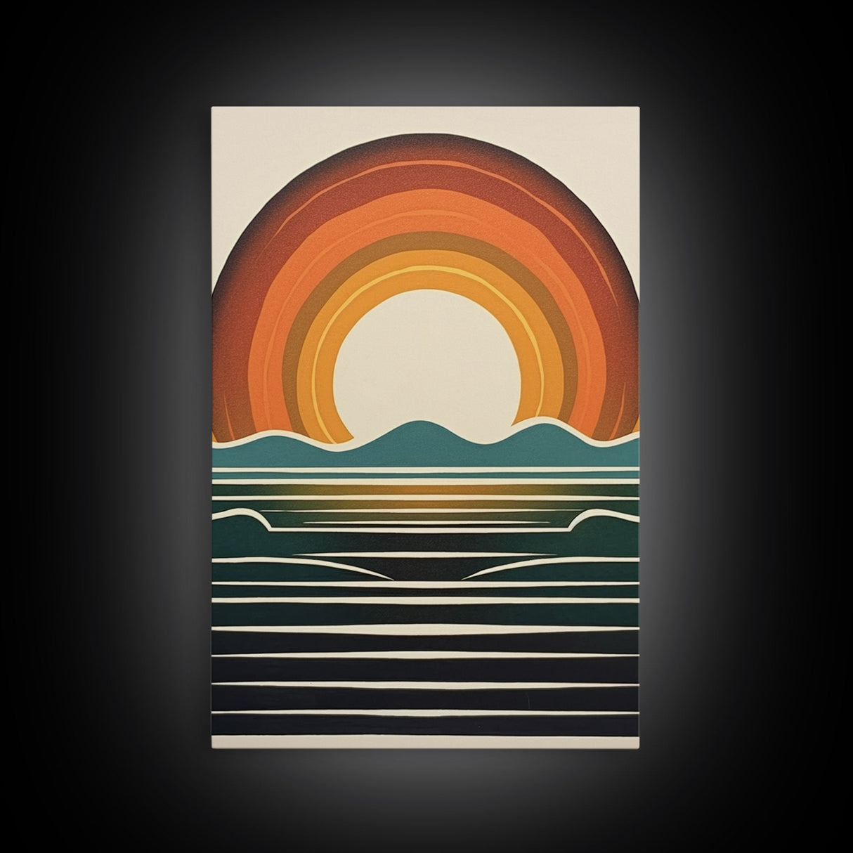 Retro Minimalist Boho Style Art Deco Sunset, Framed Canvas Print, Office Decor, Midcentury Modern, MCM Art, Gift For Him, Mancave Art