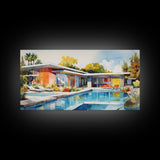 Architecture Art, Midcentury Modern, House Portrait, Watercolor House, Panoramic Art, Wall Art, Canvas Art, Landscape Art, Realtor Gift
