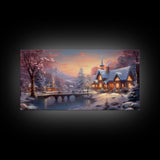 Winter Art, Framed Canvas Print, Cute Whimsical Victorian Village In Winter Painting, Home Decor, Contemporary Modern Art