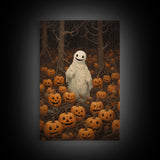 Fall Omens - Spooky Ghost In A Pumpkin Patch, Halloween Decor, Fall Art, Framed Canvas Print, Spooky Halloween Decor