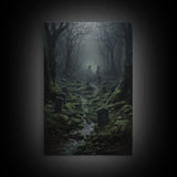 Haunted Cemetery, Macabre Halloween Art, Dark Arts, Framed Canvas Print, Graveyard At Midnight, Spooky Halloween Art