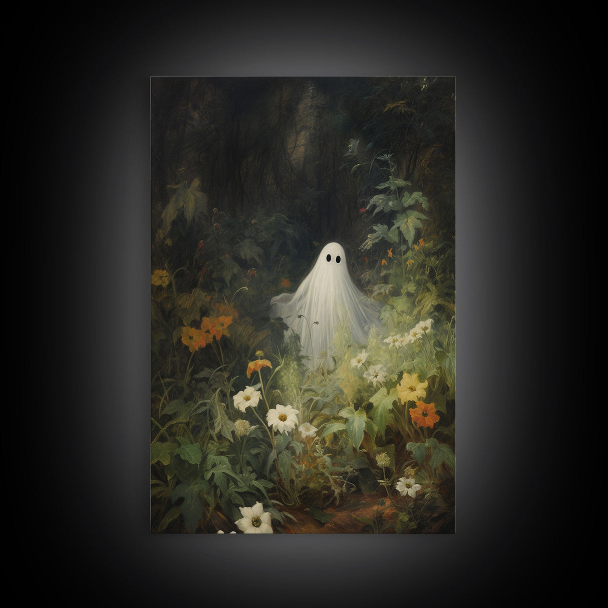 The Ghost Amongst The Flowers, Halloween Canvas Print, Framed Canvas Art, Halloween Decor, Dark Academia, Horror Prints, Oil Painting
