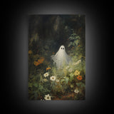 The Ghost Amongst The Flowers, Halloween Canvas Print, Framed Canvas Art, Halloween Decor, Dark Academia, Horror Prints, Oil Painting