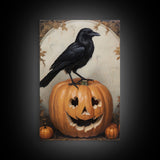 Vintage Halloween Crow Print, Raven On A Jack O Lantern Oil Painting Framed Canvas Print, Retro Halloween Wall Art, Macabre Art